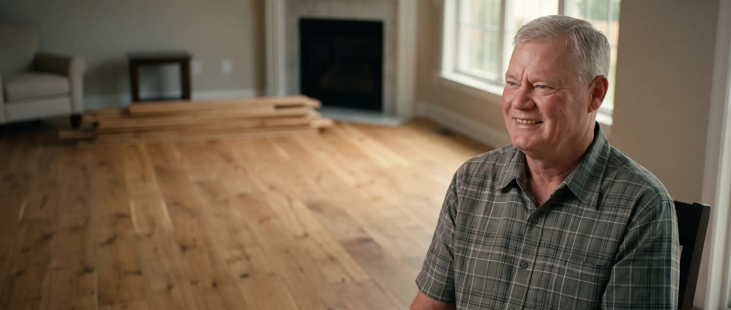Tony, owner of Tee's Flooring, smiling in a living room with a new hardwood floor