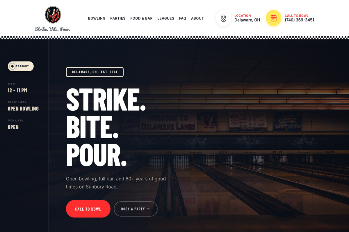 Delaware Lanes bowling alley website — designed by Aspire Digital